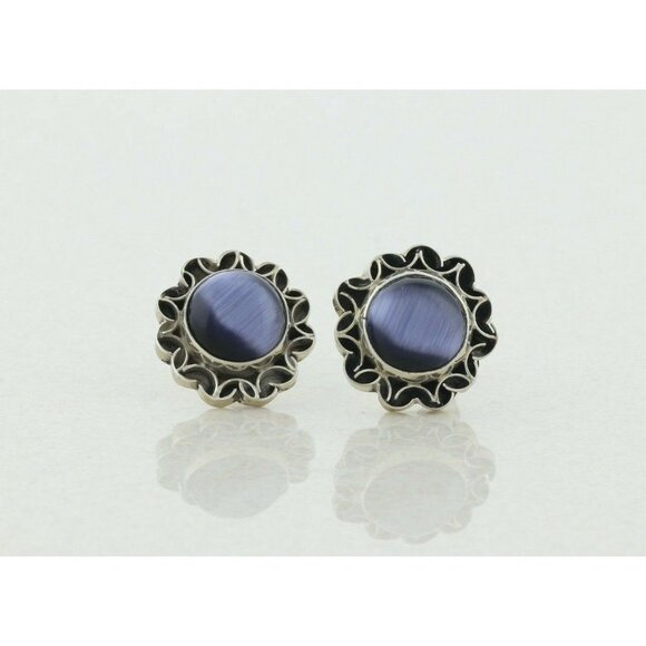 Sterling Silver Created Cats Eye Earrings Stud Post Earrings - Picture 1 of 8